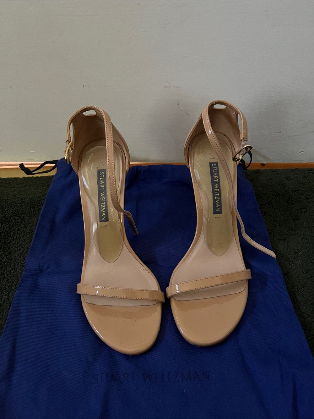 Stuart Weitzman Patent Nude Ankle-Strap Heels
